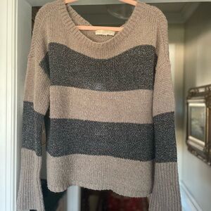 LOFT Women's Striped Sweater - Black/Silver and Tan